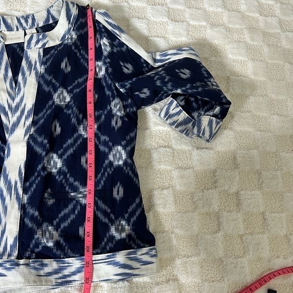 Chico’s Women’s Ikat Print Cotton Open Blazer Navy White Lightweight Size 1 M - Picture 7 of 8